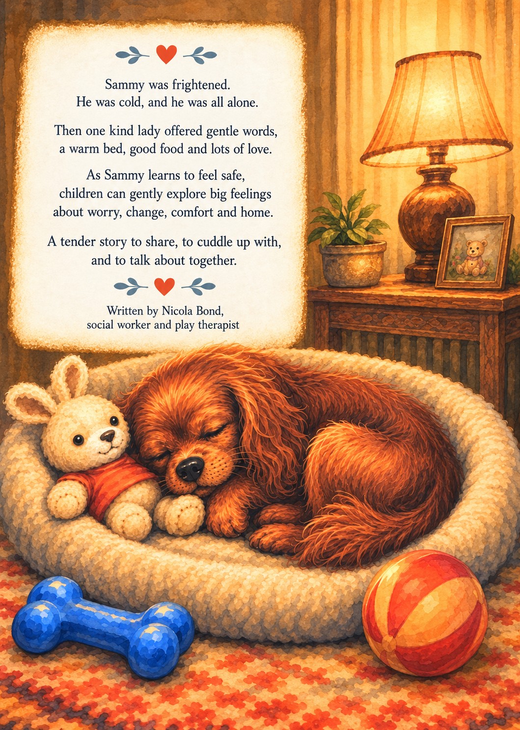 Back cover of Sammy the Spaniel showing Sammy asleep in his bed