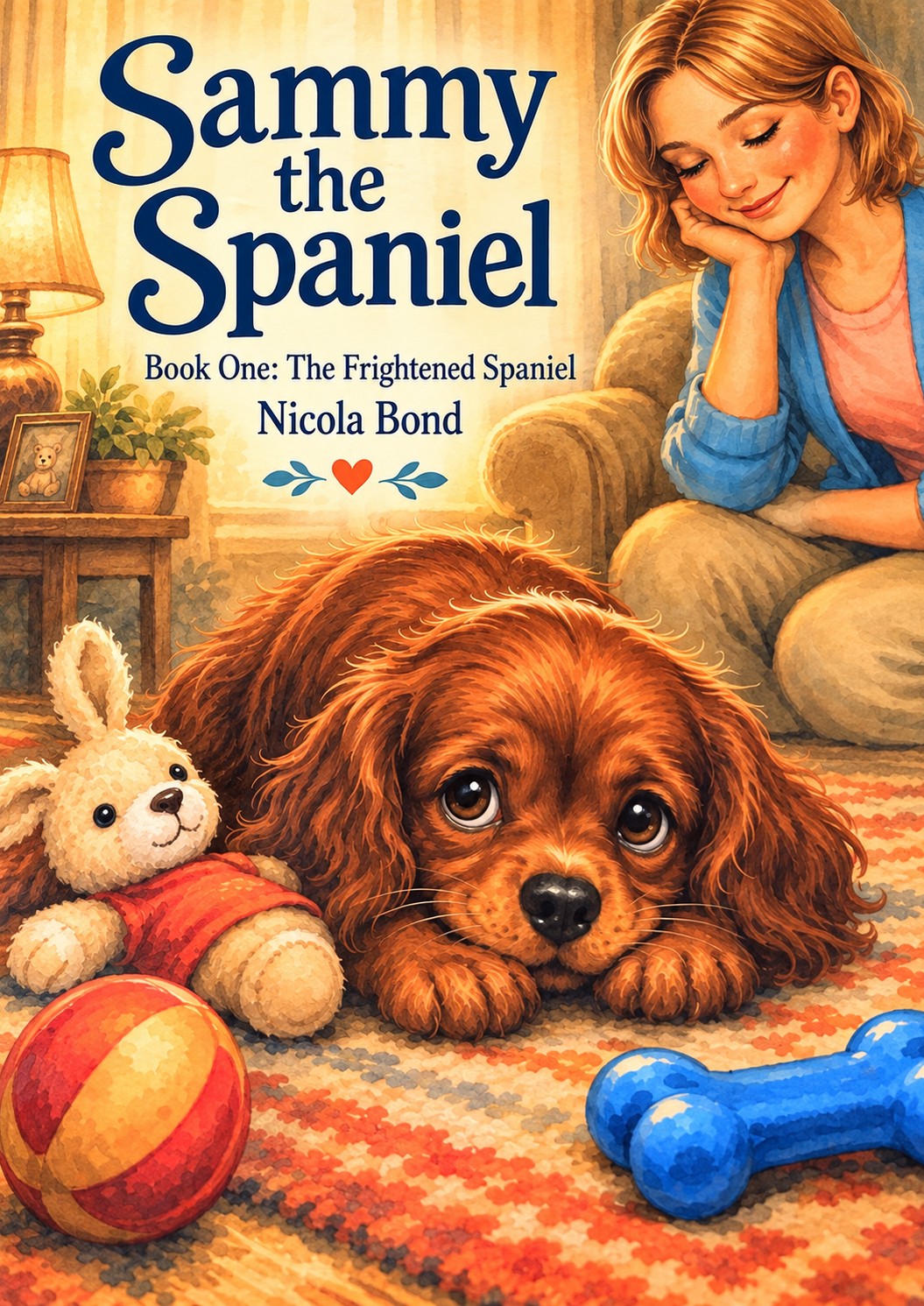 Sammy the Spaniel, Book One: The Frightened Spaniel. Cover showing a small ruby spaniel resting on a rug beside a kind lady