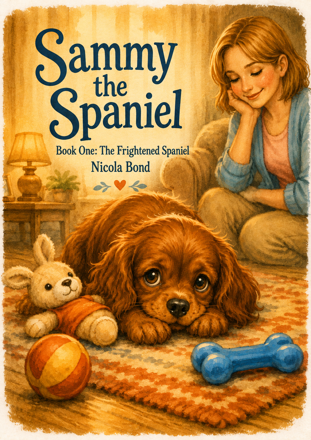 Sammy the Spaniel, Book One: The Frightened Spaniel. Cover showing a small ruby spaniel resting on a rug beside a kind lady