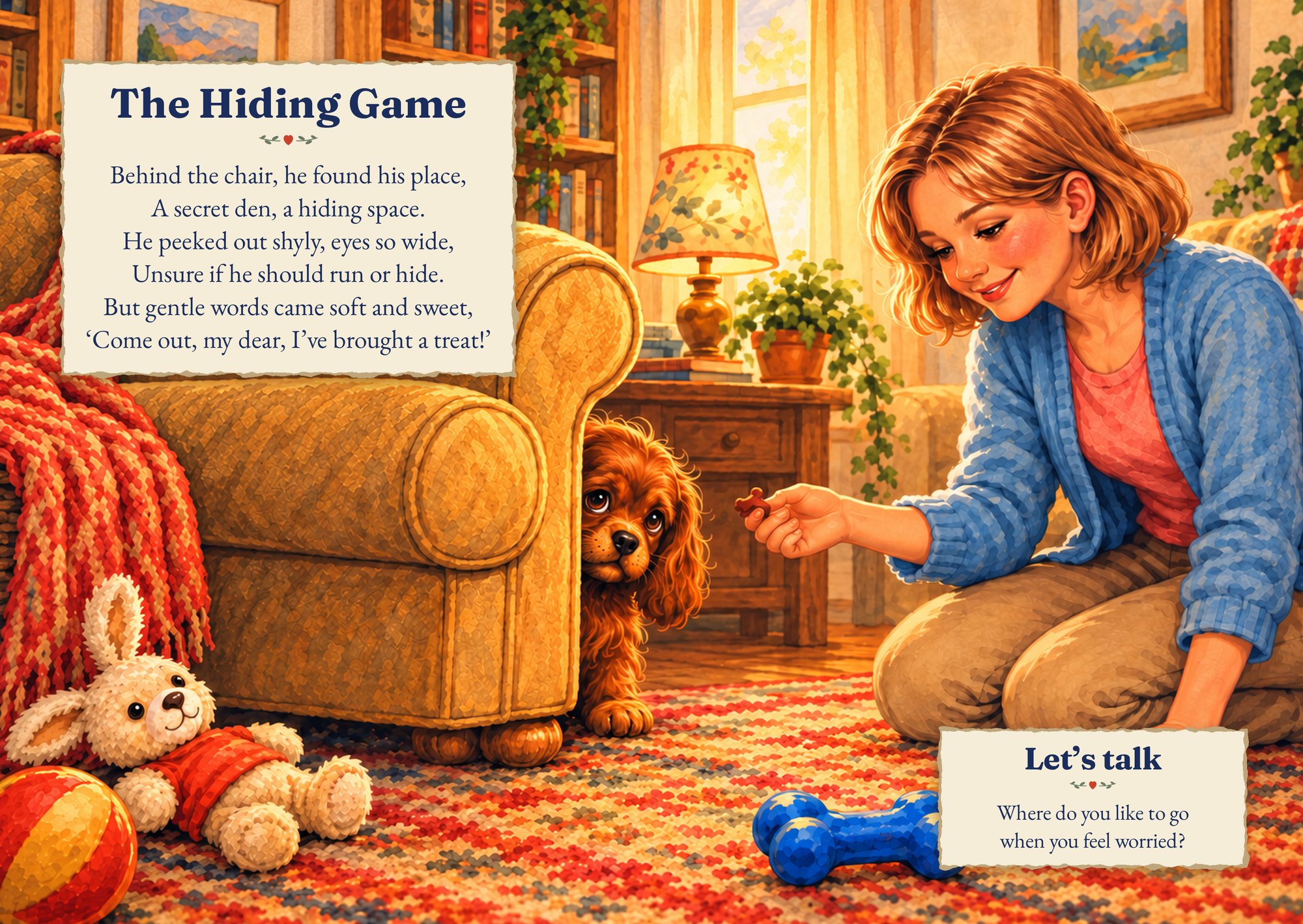 The Hiding Game: Sammy peeks from behind an armchair while the lady offers a treat