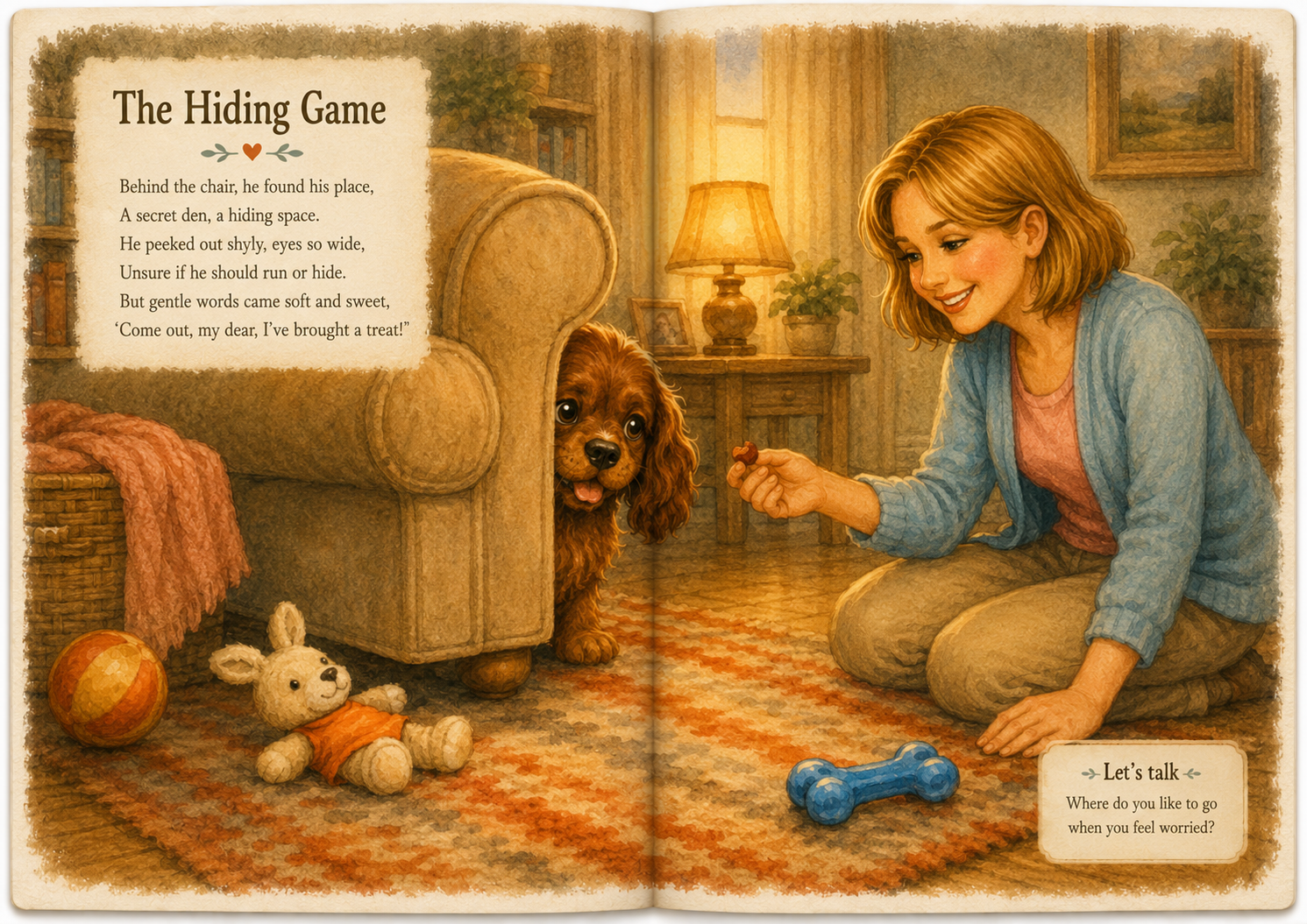 The Hiding Game: Sammy peeks from behind an armchair while the lady offers a treat