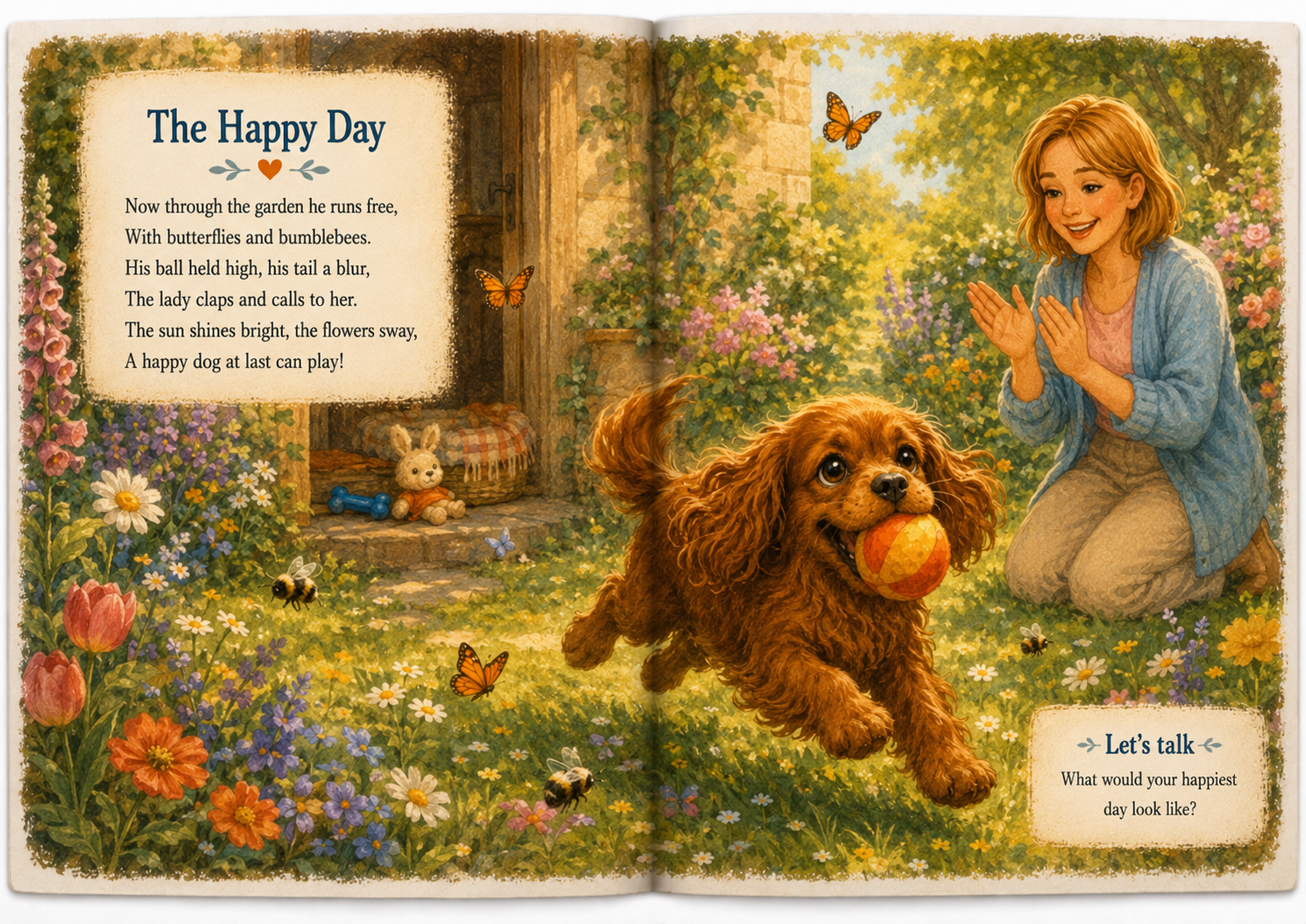 The Happy Day: Sammy runs through a flower garden with his ball